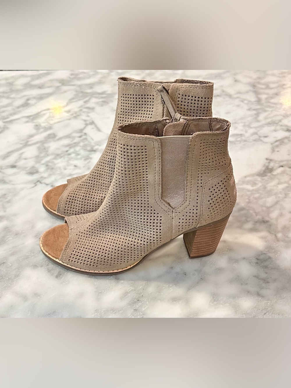 Toms Taupe Perforated Peep-Toe Block Heel Booties